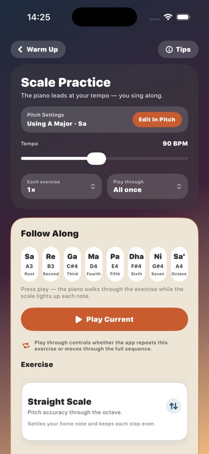 Scale Practice screen showing Sa Re Ga notes and Play Current