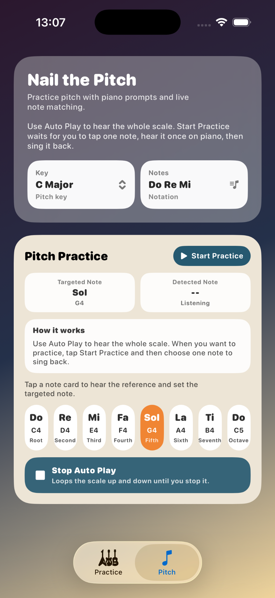Pitch mode scale autoplay screenshot