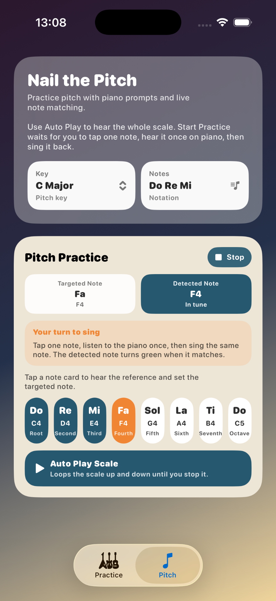 Strum & Sing live pitch feedback screen